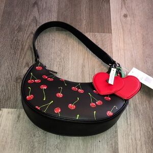 Betsey Johnson XONORTHY Black Shoulder Bag Red Cherry Print & Bag Charm NWT
